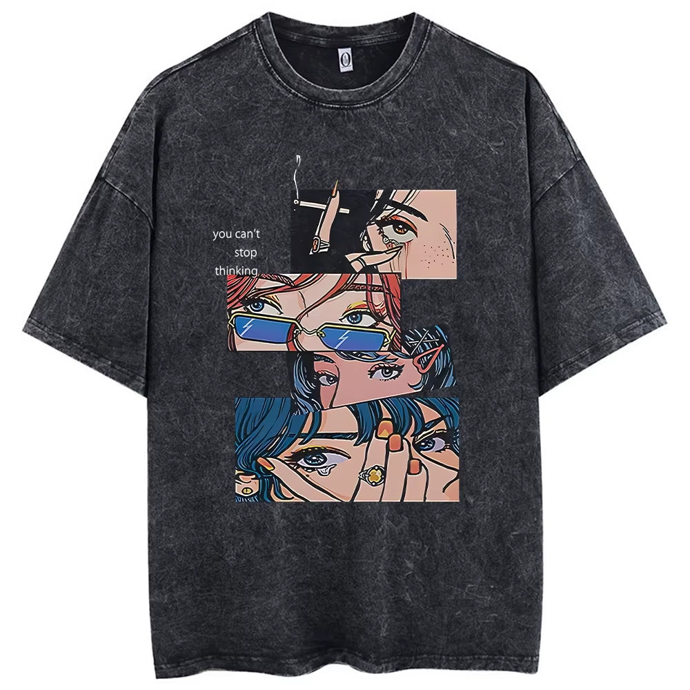 Hip Hop Men Streetwear Vintage Washed T-Shirt Anime Graphic T Shirt Men Harajuku Cotton Casual Short Sleeve Loose Vintage Tops